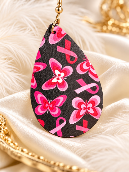 Pink Ribbon Butterfly Teardrop Earrings
